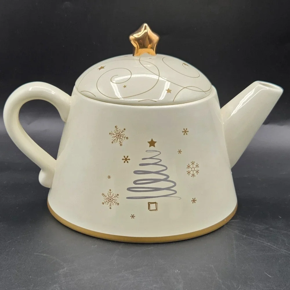 Russ SNOWLIT SETTING teapot & sugar and‎ creamer  CHRISTMAS TREE GOLD STAR